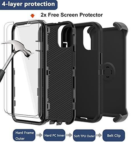 for iPhone 14 Pro Case with Screen Protector x2, Belt Clip Holster Heavy Duty Military Grade Full Body Shockproof Dust-Proof Rugged Protective Cover for Apple iPhone 14 Pro (Black) - color: Black