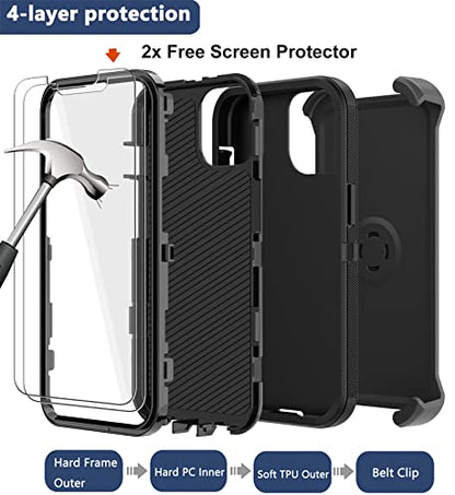 for iPhone 14 Pro Case with Screen Protector x2, Belt Clip Holster Heavy Duty Military Grade Full Body Shockproof Dust-Proof Rugged Protective Cover for Apple iPhone 14 Pro (Black) - color: Black