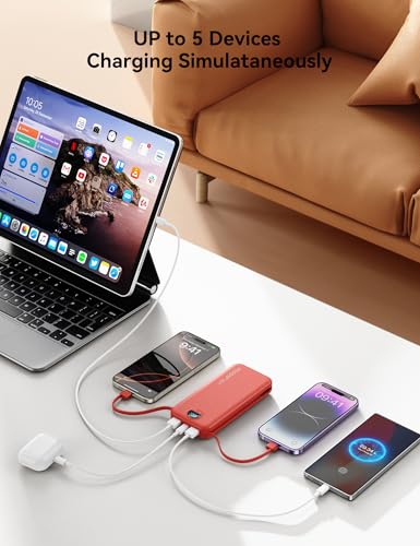 Portable Charger Power Bank 10000mAh with Built in Cables & Wall Plug - color: Crimson