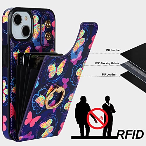 HAOPINSH for iPhone 13/ iPhone 14 Wallet Case with Card Holder, 360°Rotation Ring Kickstand, Pink Butterfly Pattern, RFID Blocking Leather for Girls Women, Double Buttons Flip Cover 6.1" - color: Pink Butterfly