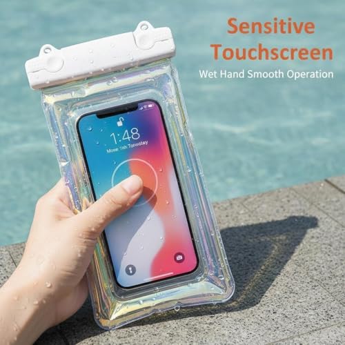 White Floating Waterproof Phone Pouch, Holographic Laser TPU Dry Bag with Air Padding, Touch Responsive Case for Swimming, Snorkeling - color: White