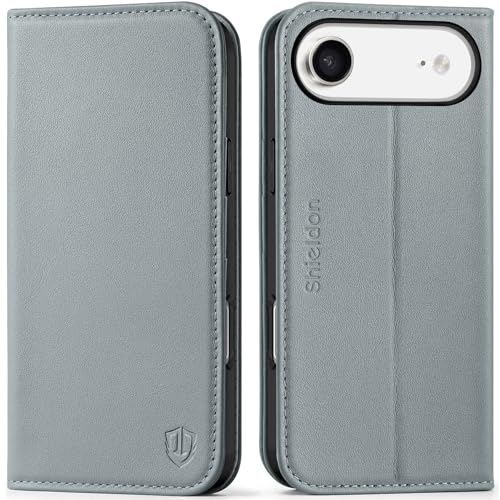 SHIELDON Genuine Leather Case Wallet for iPhone Air 6.5" 2025, Grey | Folio Magnetic Closure, RFID Blocking, Credit Card Holder, Kickstand, Shock Absorbing Protective Cover - color: Gray