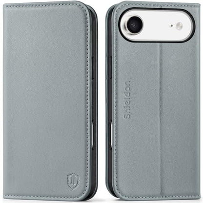 SHIELDON Genuine Leather Case Wallet for iPhone Air 6.5" 2025, Grey | Folio Magnetic Closure, RFID Blocking, Credit Card Holder, Kickstand, Shock Absorbing Protective Cover - color: Gray