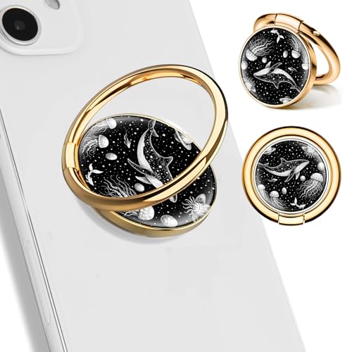 Cell Phone Ring Holder, Cute Phone Ring Grip Stand, 360°Rotation Funny Metal Kickstand Finger Grip Black White Whale - color: Black White Whale