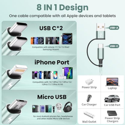 4 in 2 Multi Charging Cable, USBA/C Universal Charging Cords 2 Pack 5FT - color: Mint Green &Sliver