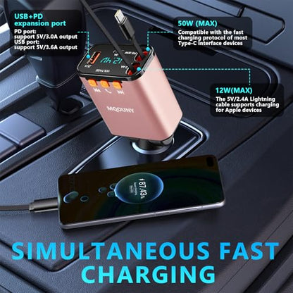 Retractable Car Charger,5 in 1 Fast Cars Phone Charger 60w,Bluetooth 5.3 FM Transmitter Adapter,Handsfree Call,MP3 Player,2 Retractable Cables and USB Chargers, for Phone,Galaxy,Pixel (Pink) - color: Pink