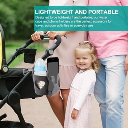 2 in 1 Stroller Cup Holder with Phone Holder, Drink Cup Bottle Holder Easy to Install Practical Cup Phone Holder Bottle Holder for Stroller Bike, Wheelchair/Walker