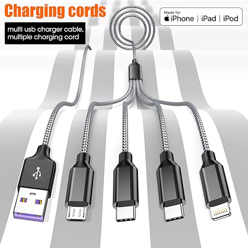 4 in 1 Multi Charging Cable 4ft 2 Pack,Braided MFi Certified Charger Cable - color: Black Grey-4ft