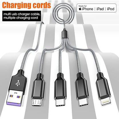 4 in 1 Multi Charging Cable 4ft 2 Pack,Braided MFi Certified Charger Cable - color: Black Grey-4ft