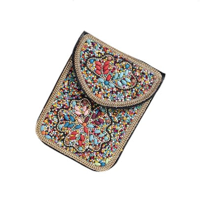 Women's Mobile Phone Bag, Cellphone Pouch, Retro Beads Shoulder Bag, Handcrafted Embellished Clutch Purse, Beaded Design - color: 13a