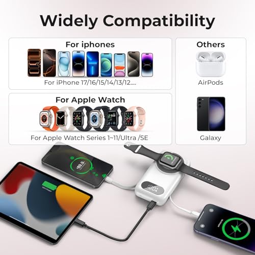 Magnetic Portable Charger 26800mAh for iPhone 18/17/16/15/14/13/12 with Built-in Cables，6-in-1 Wireless Power Bank with iWatch Charger and Compatible with Samsung, Android Phones(White)