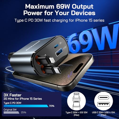 [2 Pack] Retractable Car Charger, 4 in 1 Fast Car Phone Charger Adapter 69W - size: 2 Pack C + L Retractable Cords