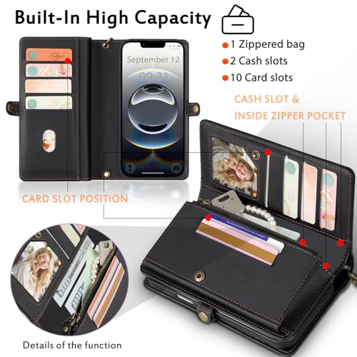 for Wallet Case Compatible with iPhone 16e / 17e ,Multi-Function Detachable 2 in 1 Magnetic iPhone 16e / 17e Case Wallet,Flip Strap Zipper Card Holder Phone Case with Shoulder Straps (Black) - color: Black, size: iPhone 16E