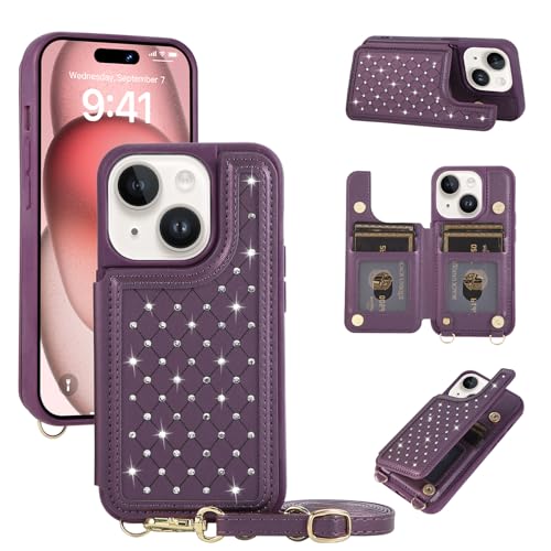 for iPhone 11 Wallet Case with Card Holder Slots and Strap, RFID Blocking Magnetic Flip Folio Cover, Crossbody Purse Protection Case with Kickstand,Deep Purple Diamond - color: Deep Purple Diamond, size: iPhone 11(6.1")