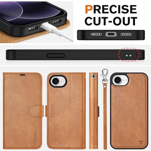 TUCCH 2-in-1 Detachable Wallet Case for iPhone 17e/16e (6.1"), Light Brown | 4 Card Holders, RFID Blocking, Wireless Charging, Kickstand, Wrist Strap, Shockproof TPU, PU Leather, Magnetic, Folio Cover - color: Brown - Textured