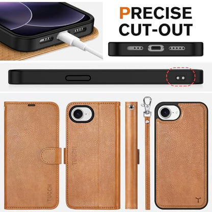 TUCCH 2-in-1 Detachable Wallet Case for iPhone 17e/16e (6.1"), Light Brown | 4 Card Holders, RFID Blocking, Wireless Charging, Kickstand, Wrist Strap, Shockproof TPU, PU Leather, Magnetic, Folio Cover - color: Brown - Textured