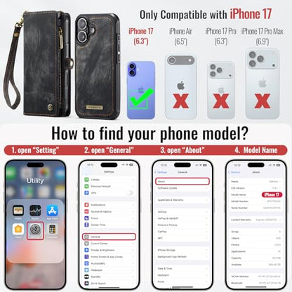 Compatible with iPhone 17 Wallet Case with Magsafe,Black | Magnetic Detachable Case,Card Holder,Zipper Pocket,Strap Wristlet, Soft Leather Drop-Proof Phone Case for iPhone 17 6.3" - color: (Detachable and Magsafe)-Black, size: iPhone 17 6.3 Inch