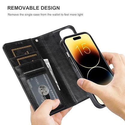 Bocasal Detachable Wallet Case Card Holder for iPhone 15, Black | RFID Blocking Kickstand Card Slots Holder PU Leather Magnetic Shockproof Wrist Strap Removable Flip Protective Cover 6.1 inch - color: Black
