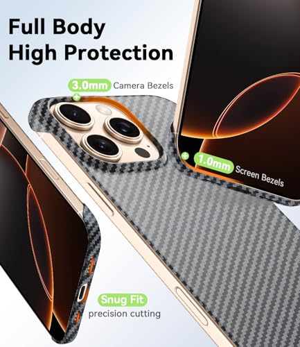 GRECAZO Magnetic Ultra-Thin Frosted Soft Touch Skin Borderless Carbon Fiber Bump Texture for iPhone 16 Pro Max Frameless Case 6.9" Slim Minimalist Lightweight Matte Hard for MagSafe Cover Case-Black - size: iPhone 16 Pro Max