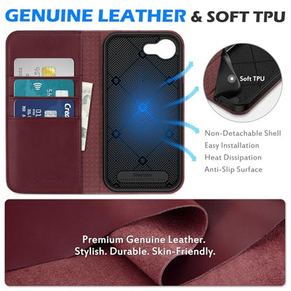 SHIELDON Genuine Leather Case Wallet for iPhone 17e/16e 6.1", Wine Red | Flip Magnetic Cover, RFID Blocking, Credit Card Slot, Kickstand, Book Design, Soft Shockproof Phone Shell - color: Wine Red