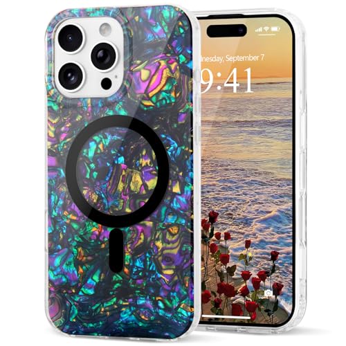 for iPhone 16 Pro Max Cute Girly Women Case Sparkle Seashell,Black | Compatible with Magsafe Slim Colorful Sparkle Seashell Pattern Translucent Cover Soft TPU Protective Magnetic Bumper Case - color: Black, size: iPhone 16 Pro Max