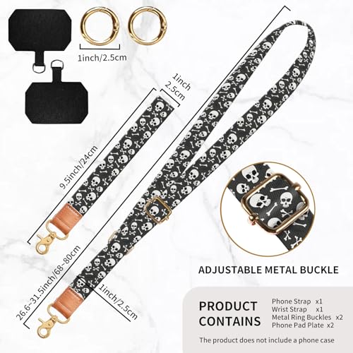 Phone Lanyard Crossbody Wrist Strap, Universal Adjustable Neck Strap for Phone Case Keys ID Badges, Travel Essential - color: Black White Skulls