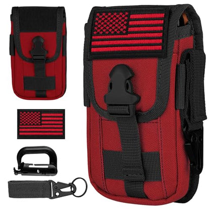 Tactical Cell Phone Holster Pouch Case, Molle Attachment Belt Holder for 4.7"-6.9" with US Flag Patch and Gear Clip for iPhone 18 Pro Max/17 Pro/16 Pro - color: Red