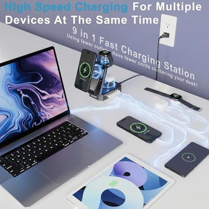 250W Charging Station for Multiple Devices Apple, Foldable 9‑in‑1 Wireless Charger for iPhone, iWatch, USB‑C PD100W Fast Charging Stand Dock for MacBook Air & Pro (Wireless Charging Only for Apple)