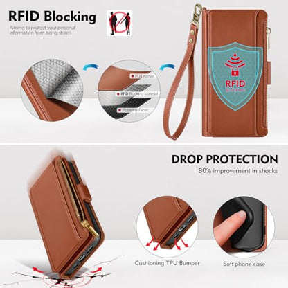 Antsturdy for iPhone 16 Pro Max Phone Wallet Case Women,Light Brown | RFID Blocking,with Credit Card Holder Slots,PU Leather Purse,Zipper Pocket,Wrist Strap Kickstand,Flip Folio Cover for Men - color: Light Brown
