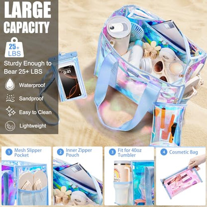 Bagstellar Iridescent Beach Bag, Jelly Tote Bag with Phone Pouch Makeup Bag | Large Beach Bags Waterproof Sandproof, Zipper Beach Tote Clear Pool Swim Boat Bag for Women Summer Travel Cruise Essentials - color: Oasis