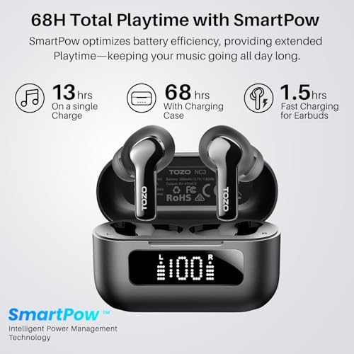 TOZO Hybrid Active Noise Cancelling in Ear Wireless Earbuds, 68H Playtime - color: Black