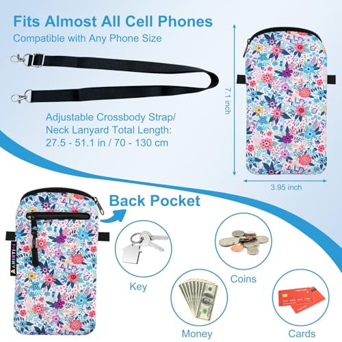 Lanyard Phone Holder Pouch, Phone Bag with Pocket for iPhone & Samsung - color: White Garden