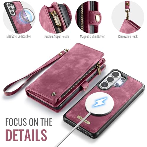 Compatible with Samsung Galaxy S26 Ultra Wallet Case with Magsafe with Zipper & Card Holder Strap Wristlet Detachable Magnetic Protective Back Case for Galaxy S26 Ultra 5G 6.9 Inch (Red) - color: (Detachable and Magsafe)-Red, size: S26 Ultra 6.9 Inch
