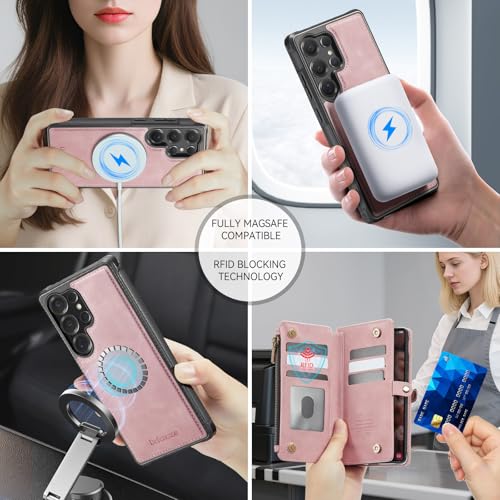 Defencase for Galaxy S23 Ultra Case Wallet Compatible with Magsafe, Pink | Magnetic Detachable, RFID Bolcking Card Holder, Zipper Strap, PU Leather Drop-Proof Phone Cover for Samsung Galaxy S23 Ultra - color: (Detachable with Magsafe)-Pink
