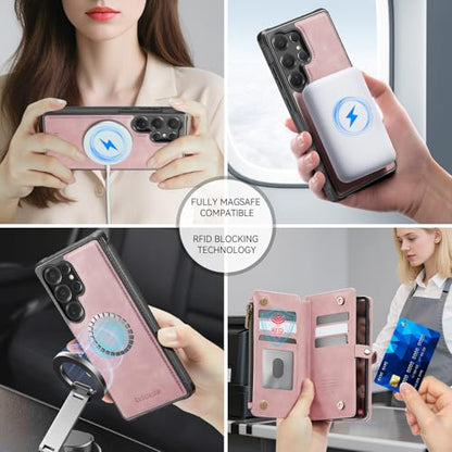 Defencase for Galaxy S23 Ultra Case Wallet Compatible with Magsafe, Pink | Magnetic Detachable, RFID Bolcking Card Holder, Zipper Strap, PU Leather Drop-Proof Phone Cover for Samsung Galaxy S23 Ultra - color: (Detachable with Magsafe)-Pink