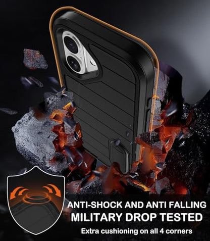 for iPhone 16 Case with Screen Protector, Heavy Duty Shockproof Drop Protection Military Grade Tri-Layer Full Covered Rugged Durable Cell Phone Cover with Built-in Invisible Kickstand 6.1" (Black) - color: Black