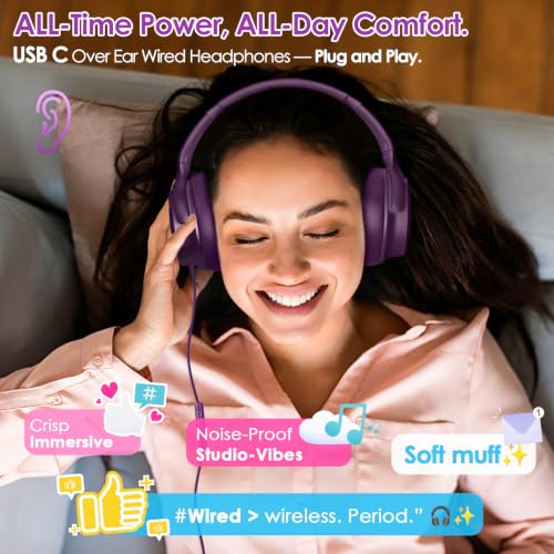 USB C Headphones Wired Active Noise Cancelling 28dB Over Ear-Purple - color: Purple