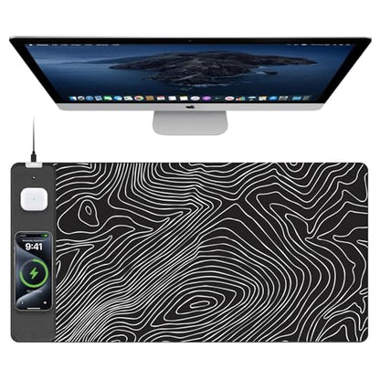 Mouse Pad with Wireless Charging, Large Desk Mat, Black Topographic Map #1 - color: Black Topographic Map #1