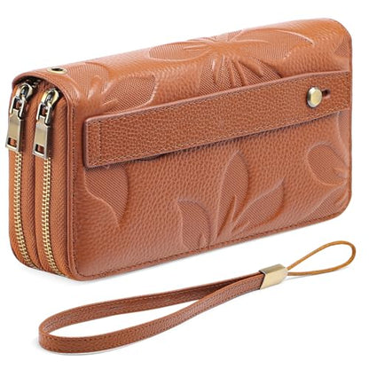 GAEKEAO RFID Leather Wristlet Wallet for Women with Grip Strap | Large capacity clutch wallet, credit card holder, wrist strap, zipper purse, travel and shopping - color: A11 Embossed Brown