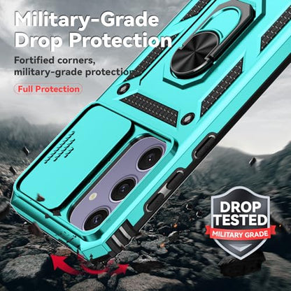 for Samsung Galaxy S24 FE Case with Camera Lens Cover HD Screen Protector, Dual Layer Military-Grade Drop Tested Magnetic Ring Holder Kickstand Protective Phone Case for Galaxy S24 FE (Mint) - color: Mint with camera cover Military-Grade 2nd gen