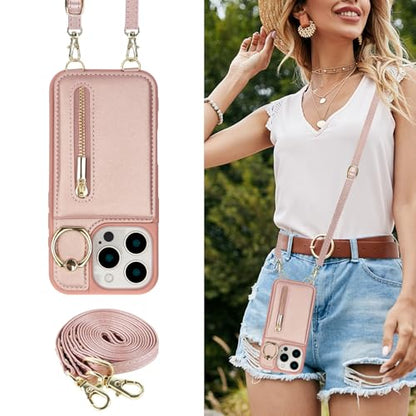 Crossbody Wallet Case for iPhone 12 Pro Max, with Card Slots Zipper Pocket Case, Flip Folio Purse RFID Blocking with Ring Kickstand Detachable Strap-Pink - color: Pink, size: iPhone 12 Pro Max(6.7")
