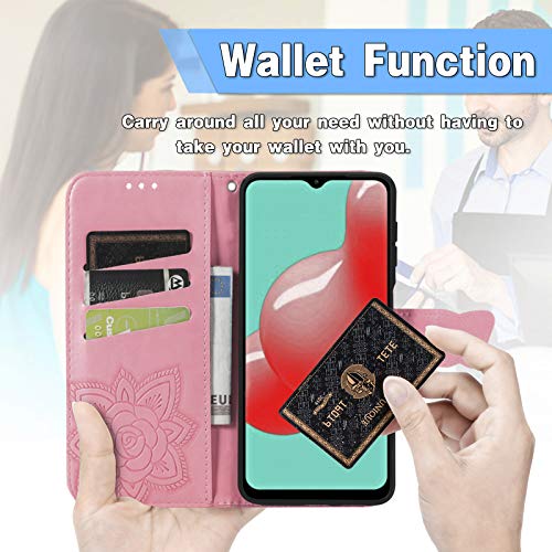 Wallet Case for Samsung Galaxy A03s with Card Holder Pink | PU Leather Flip Phone Cover,Wrist Strap,Woman Man Purse,Emboss Butterfly Flower,Stand,Shockproof TPU Shell, Magnetic Closure - color: B Pink