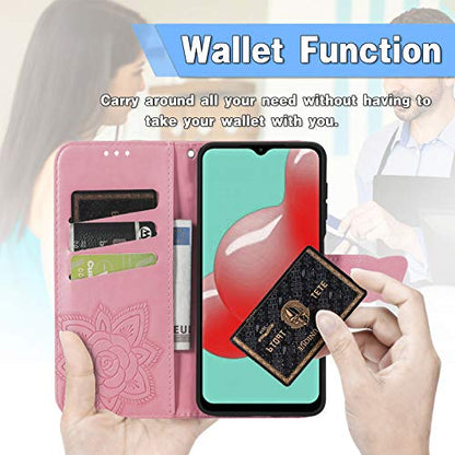 Wallet Case for Samsung Galaxy A03s with Card Holder Pink | PU Leather Flip Phone Cover,Wrist Strap,Woman Man Purse,Emboss Butterfly Flower,Stand,Shockproof TPU Shell, Magnetic Closure - color: B Pink