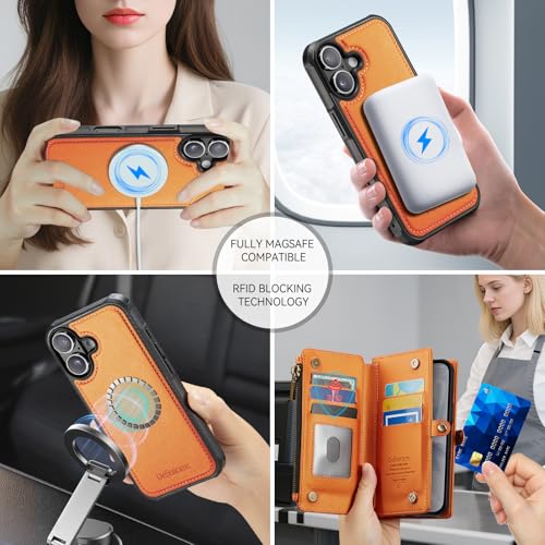Defencase for iPhone 17 Phone Case Wallet Compatible with Magsafe, Orange | Magnetic Detachable, Drop-Proof Protective Wallet Cases Cover, with RFID Bolcking Card Holder, Zipper Strap, Soft PU Leather - color: (Detachable with Magsafe)-Orange