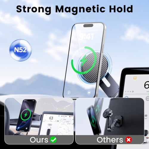 Tesla Phone Mount with 15W Fast Charging, Foldable Hidden Car Holder for Tesla Model 3 / Y/Cybertruck, 360° Rotatable Dashboard Screen Bracket with Ultra-Strong N52 Magnets