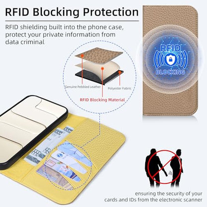 VISOUL Pebbled Leather Wallet Case for iPhone 17 Pro Max 6.9" 2025, Genuine Leather Flip Folio Cover with RFID Blocking Card Holders, Kickstand, Soft TPU Protective Flip Cover -Light Gray+Yellow - color: Light Gray+Yellow