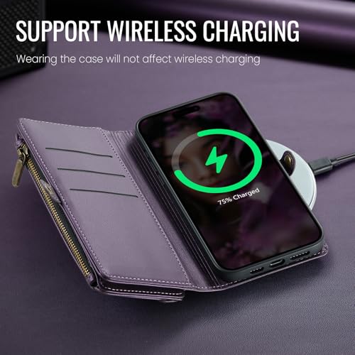 Defencase for iPhone 14 Plus Wallet Case with RFID Card Holder, Purple | Durable Soft PU Leather, with Zipper Pocket, Wrist Strap, Fashion Snap Flip Phone Cases Cover with Stand for Women and Men - color: Purple