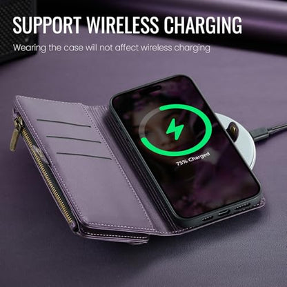 Defencase for iPhone 16 Pro Max Wallet Case with RFID Card Holder, Purple | Durable Soft PU Leather, with Zipper Pocket, Wrist Strap, Fashion Snap Flip Phone Cases Cover with Stand for Women and Men - color: Purple