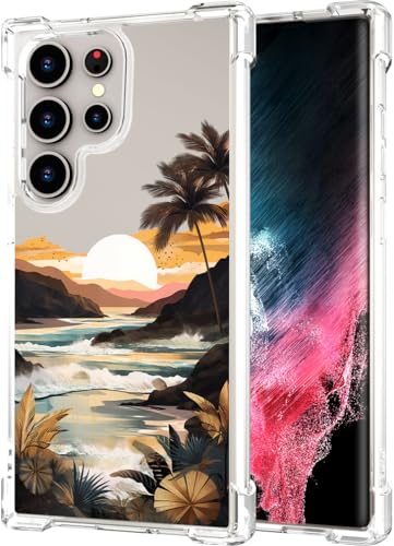Hungo Galaxy S24 Ultra Case for Women Clear Design Cute,Girly Girls Case Compatible with Samsung Galaxy S24 Ultra Ocean Beach Mountain Sunset Sun Sea Palm Trees Clouds Hills Tropical - color: Beach Sunset