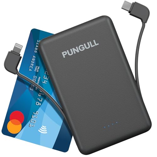 Slim Portable Charger 5000mAh - Compact Mini Small Power Bank Built-in Cable Cute Mobile Cell Phone External Battery Pack 5V 2.1A USB-C Compatible with iPhones 6/7/8/X/XS/XR/11/12/13/14 Airpods